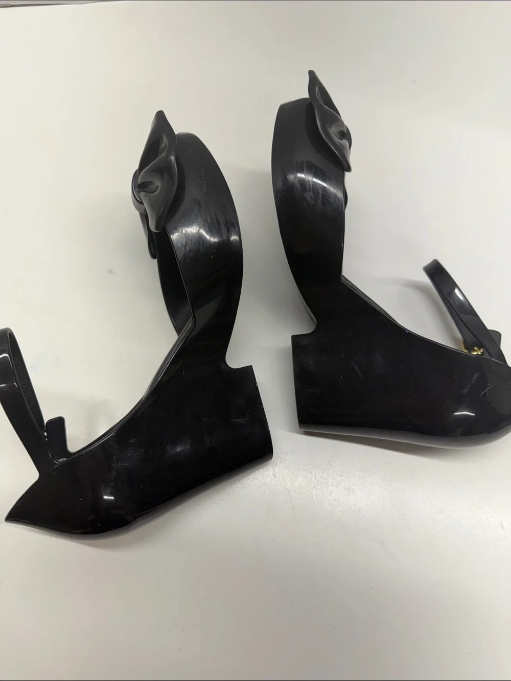 Melissa Lady Love III Heels Wedges Shoes Bow Peep Toe PVC Shiny Black Size 6